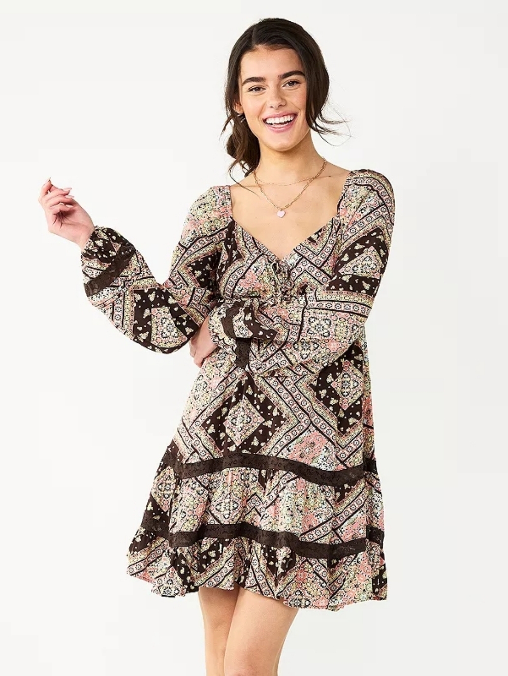 SO Women's Long Sleeve Boho Dress - Brown/Pink Excellent Condition NWOT Size XL